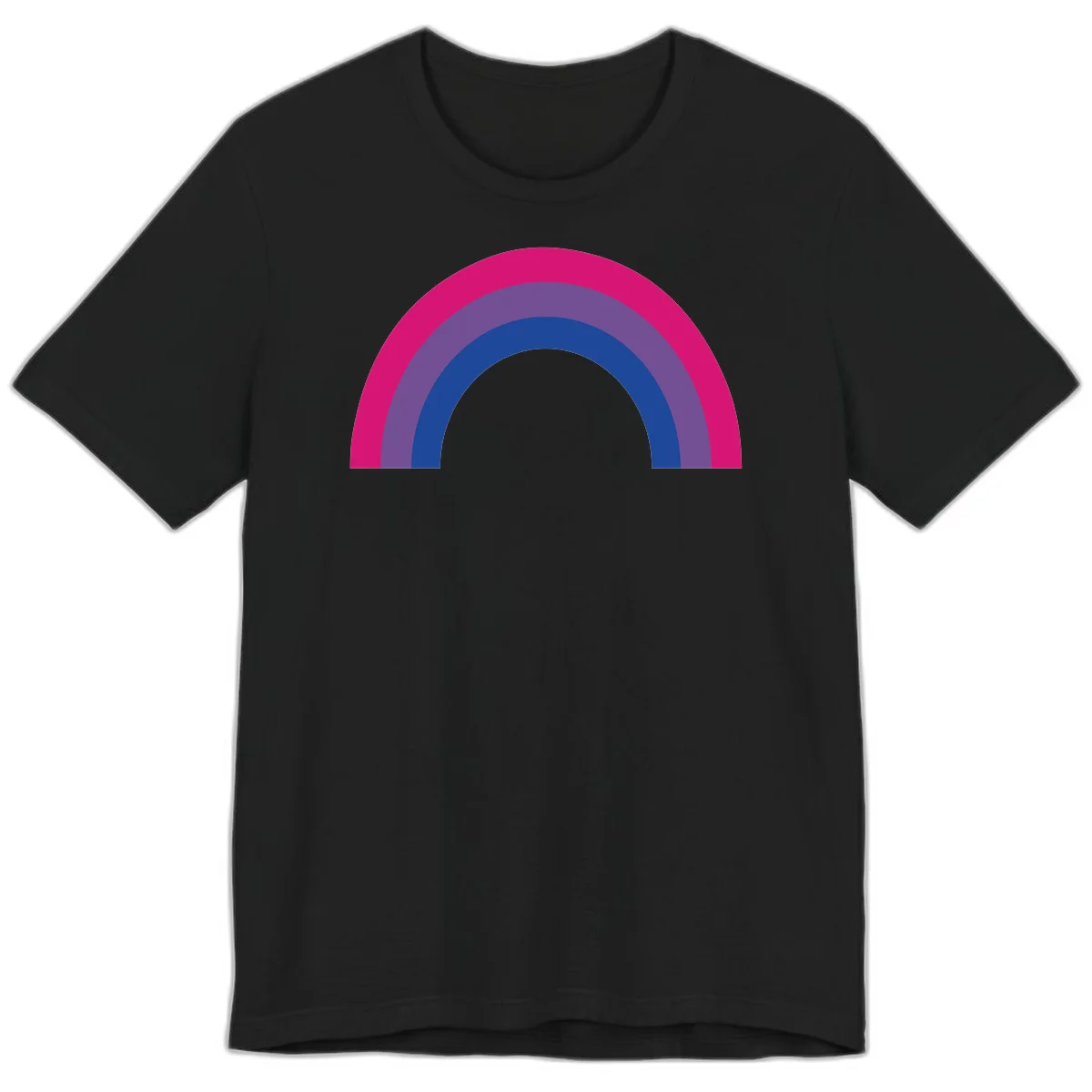 Concentric rainbow arcs design featuring nested magenta, purple, blue and gray semicircles in a modern geometric pattern in Black