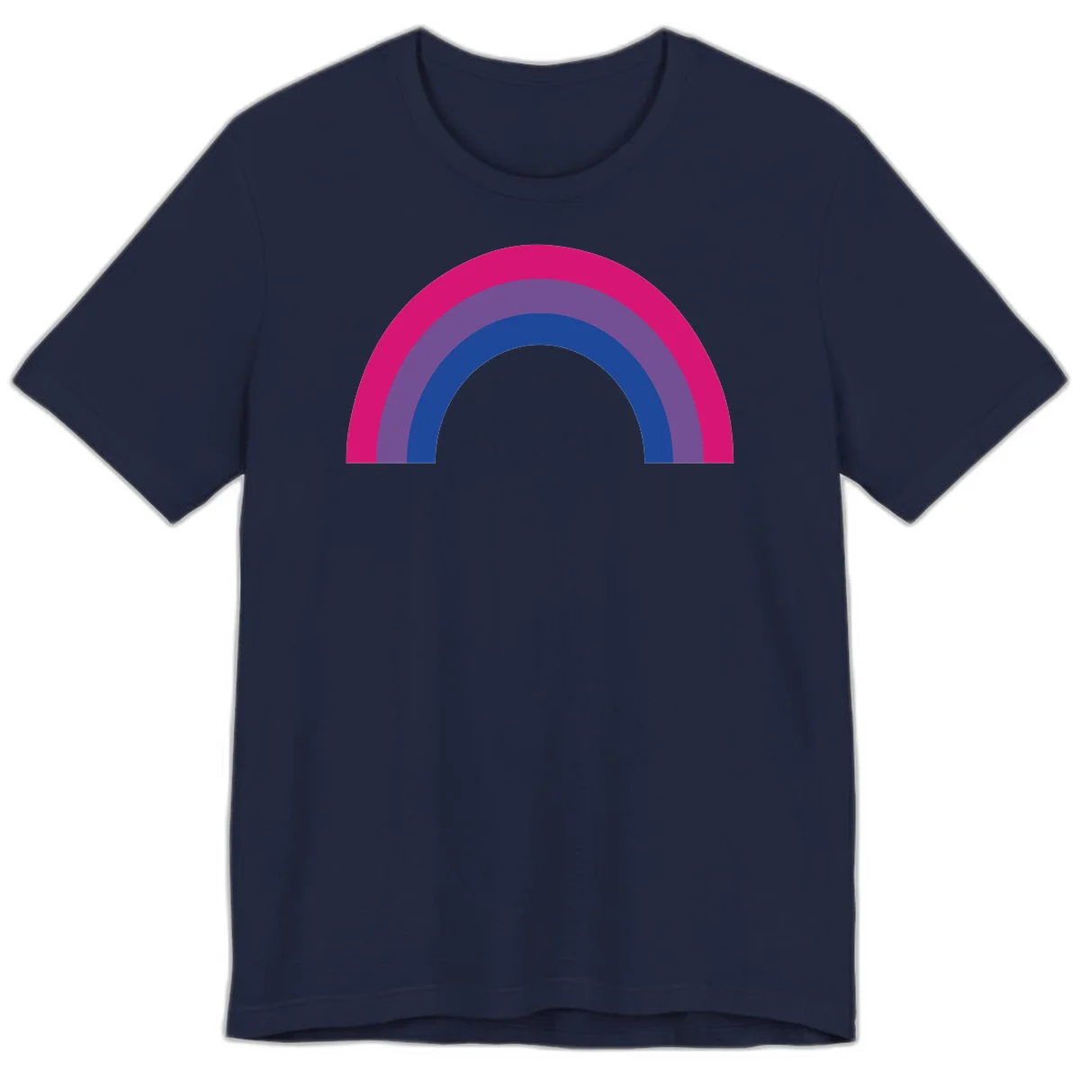 Concentric rainbow arcs design featuring nested magenta, purple, blue and gray semicircles in a modern geometric pattern in Navy