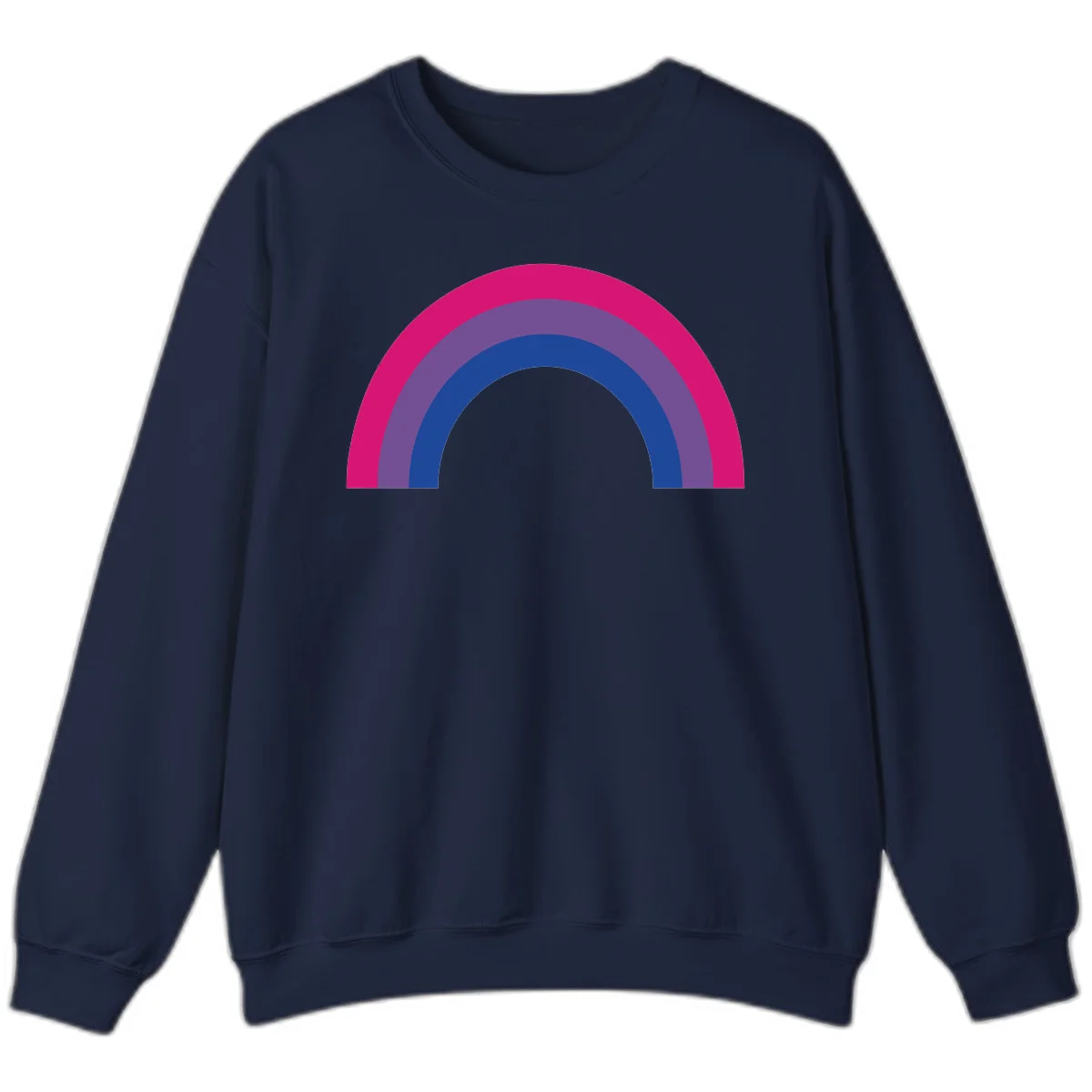 Concentric rainbow arcs design featuring nested magenta, purple, blue and gray semicircles in a modern geometric pattern in Navy
