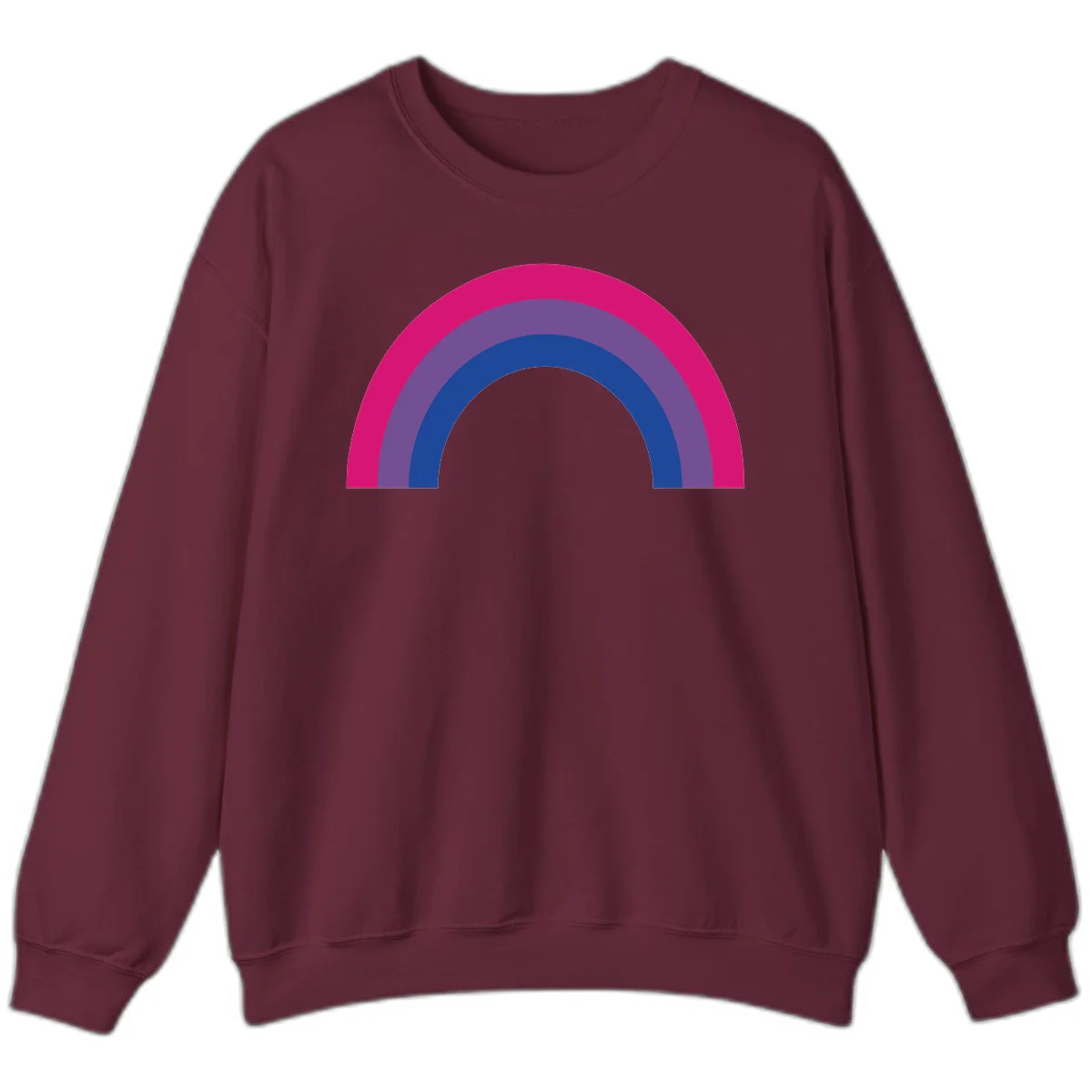 Concentric rainbow arcs design featuring nested magenta, purple, blue and gray semicircles in a modern geometric pattern in Maroon