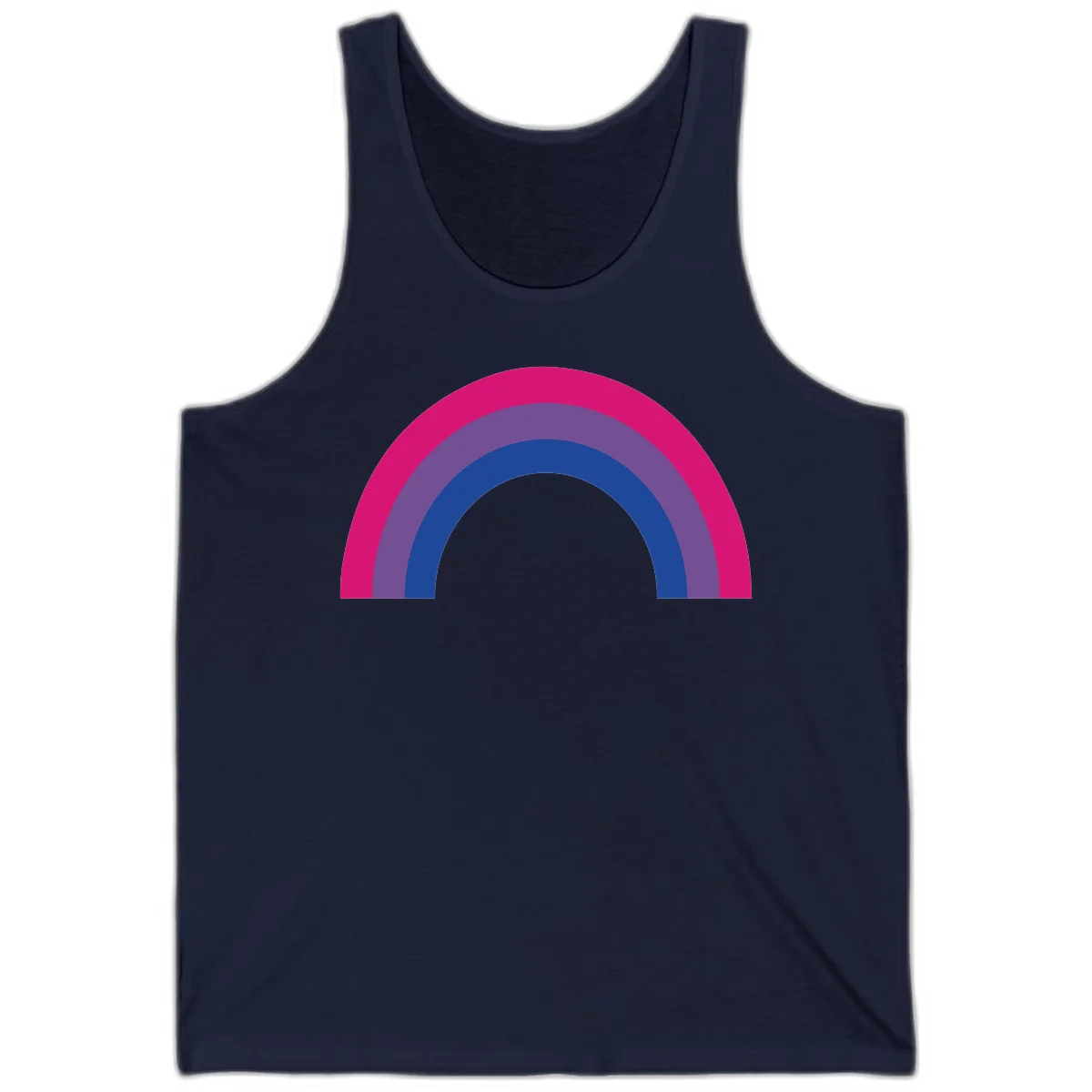 Concentric rainbow arcs design featuring nested magenta, purple, blue and gray semicircles in a modern geometric pattern in Navy