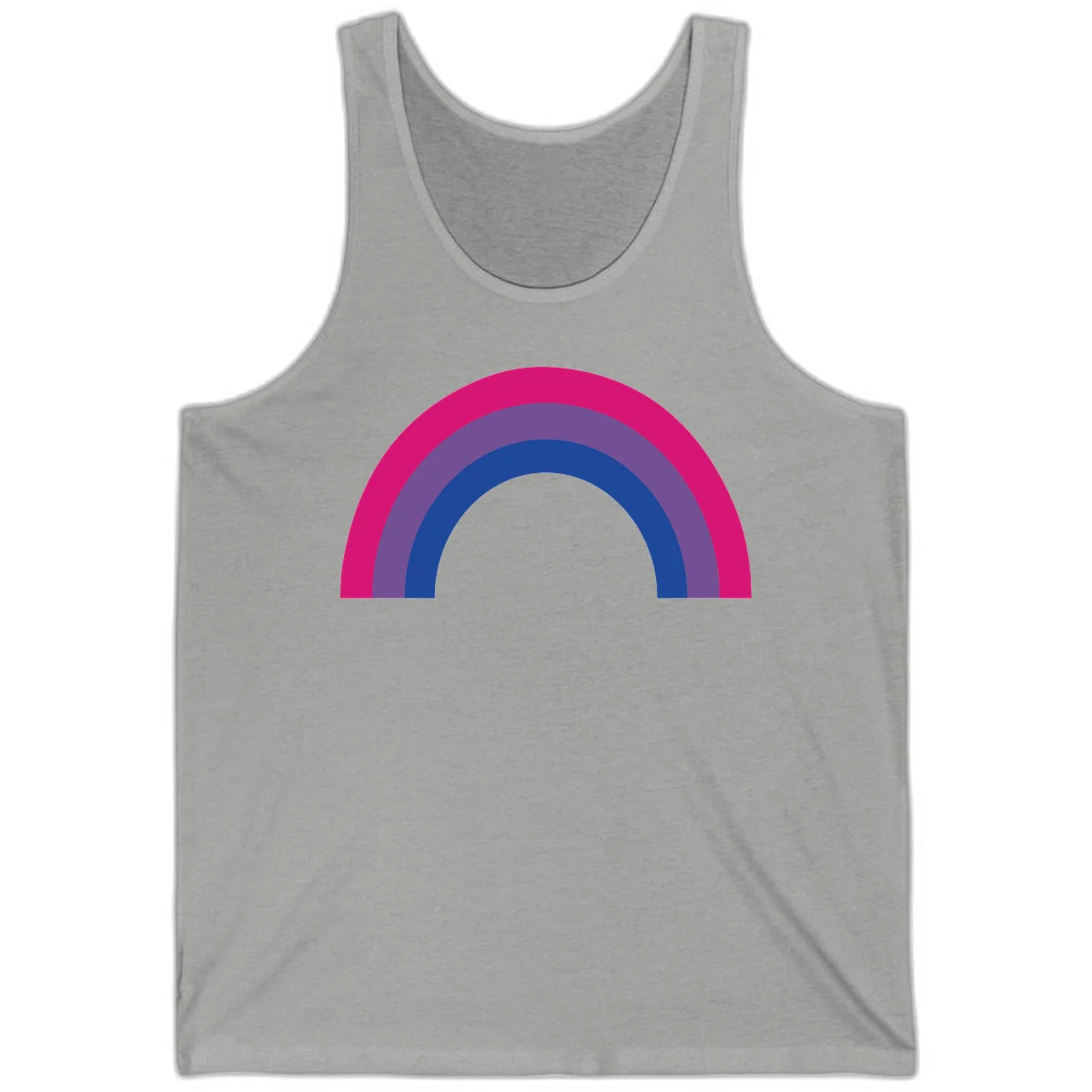Concentric rainbow arcs design featuring nested magenta, purple, blue and gray semicircles in a modern geometric pattern in Athletic Heather