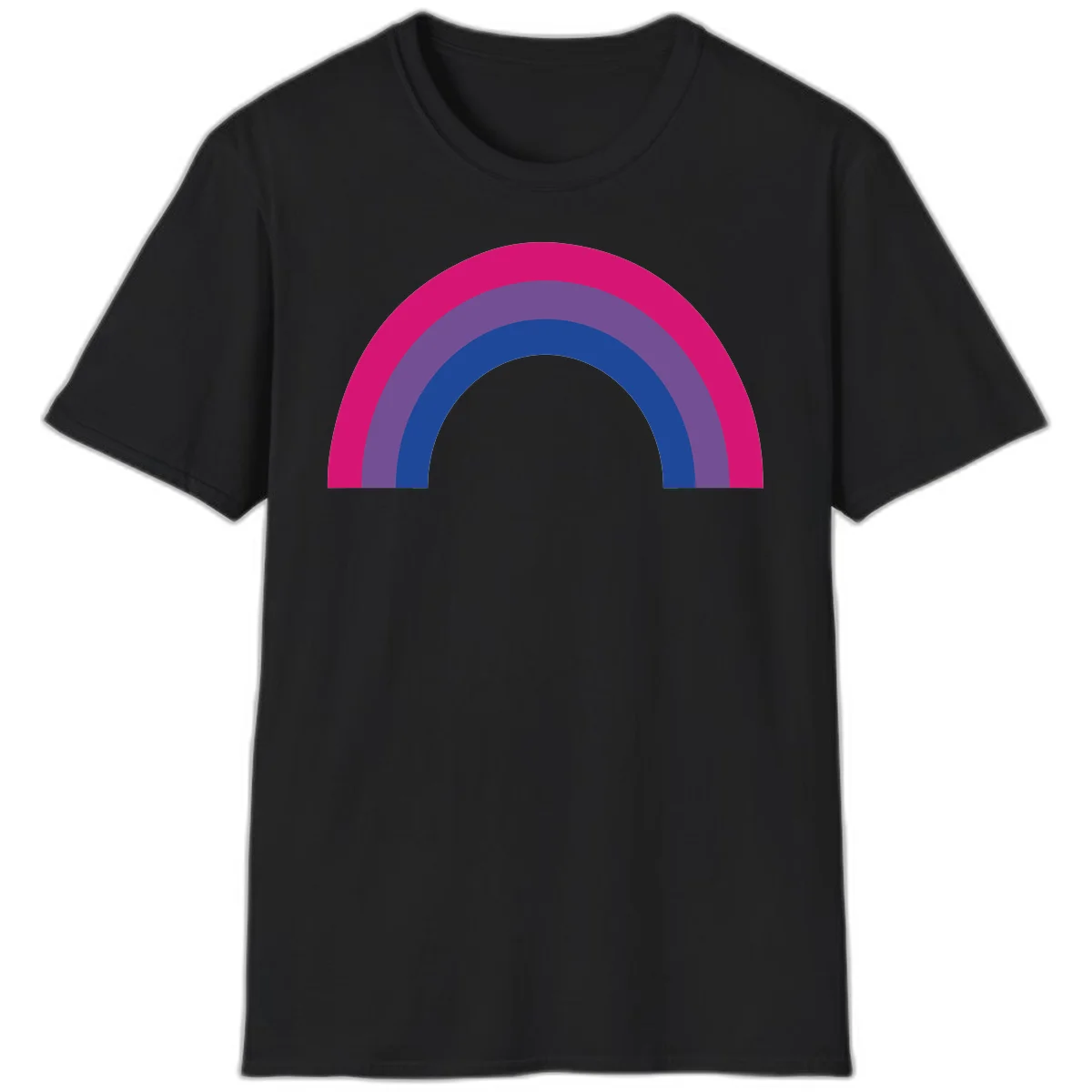 Concentric rainbow arcs design featuring nested magenta, purple, blue and gray semicircles in a modern geometric pattern in Black