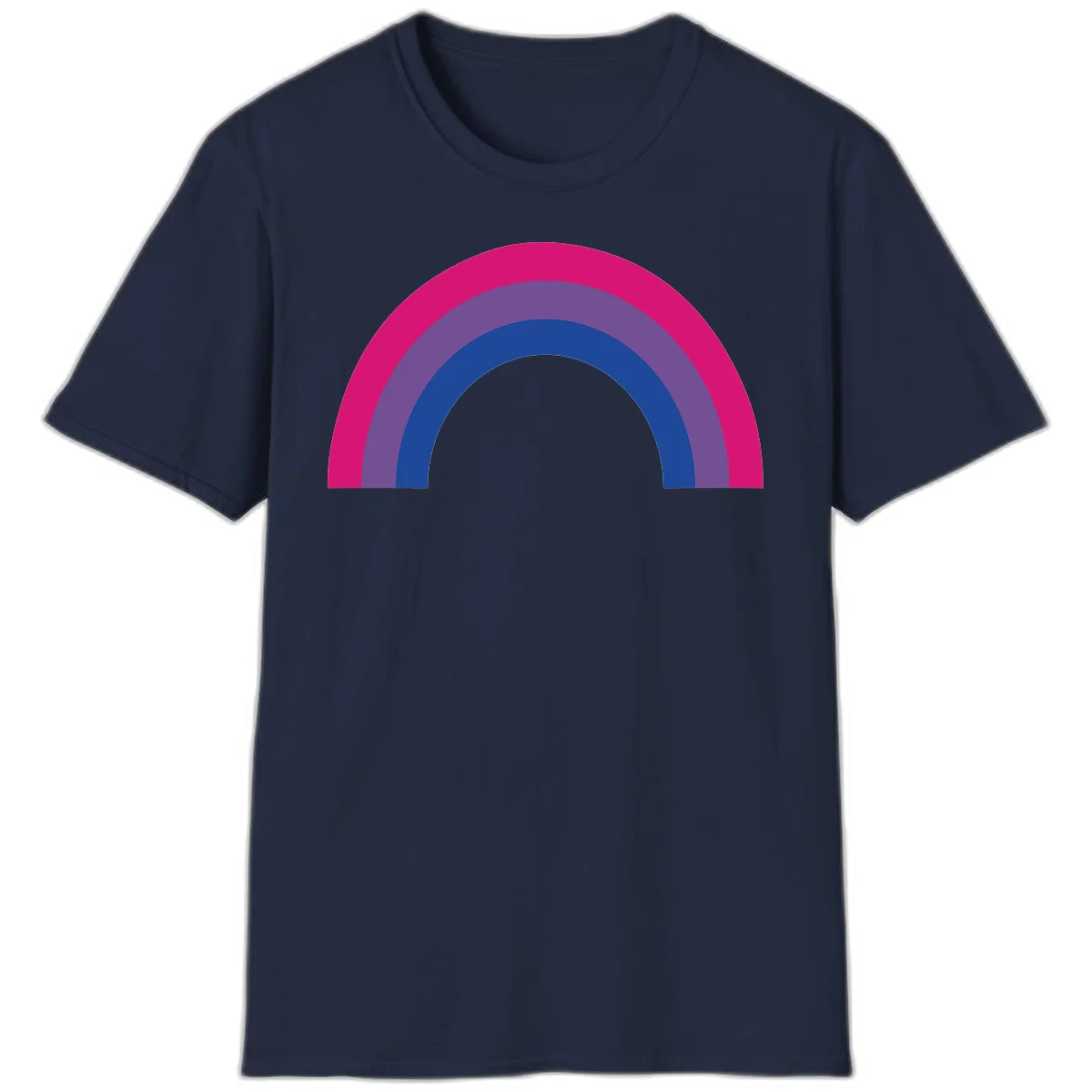 Concentric rainbow arcs design featuring nested magenta, purple, blue and gray semicircles in a modern geometric pattern in Navy