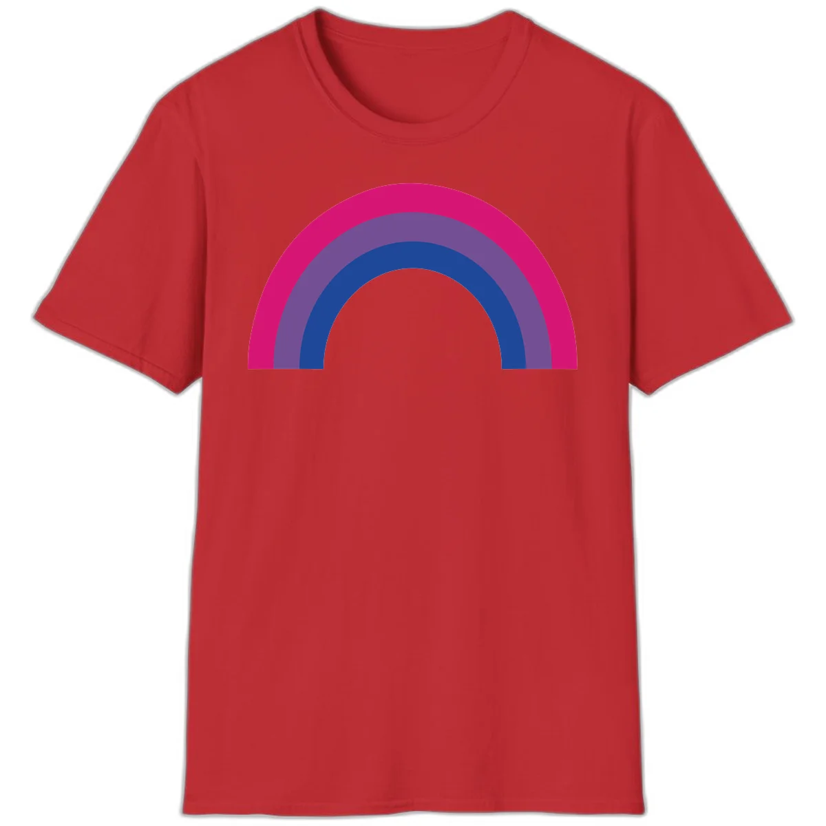 Concentric rainbow arcs design featuring nested magenta, purple, blue and gray semicircles in a modern geometric pattern in Red