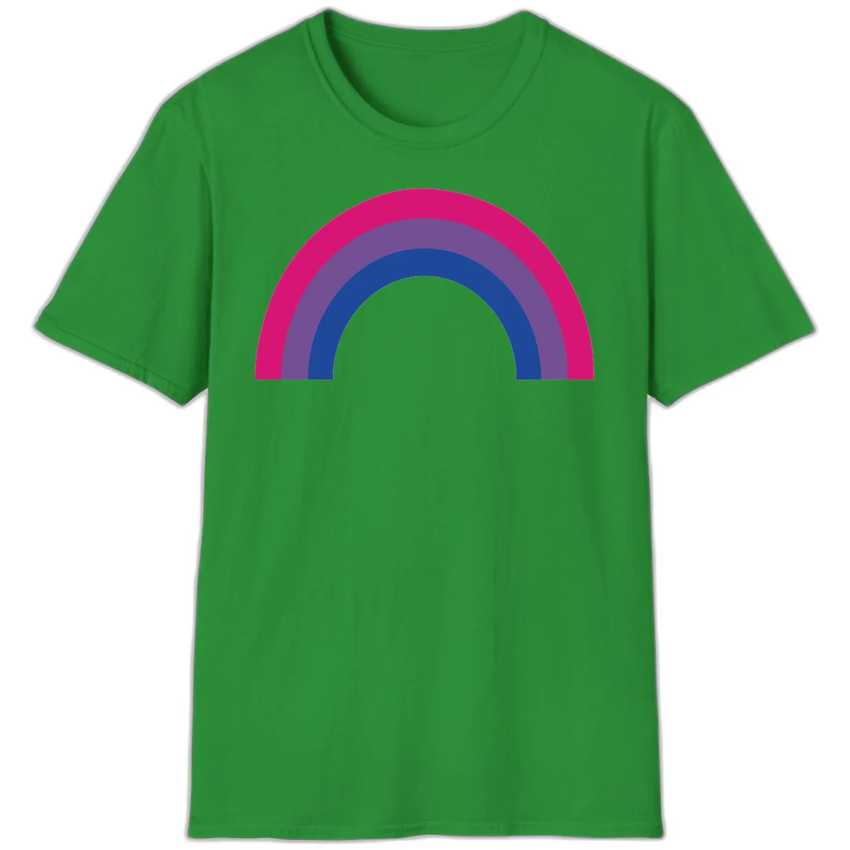 Concentric rainbow arcs design featuring nested magenta, purple, blue and gray semicircles in a modern geometric pattern in Irish Green