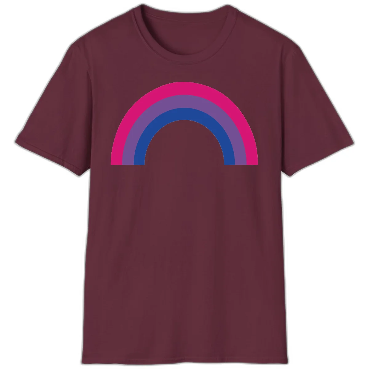 Concentric rainbow arcs design featuring nested magenta, purple, blue and gray semicircles in a modern geometric pattern in Maroon