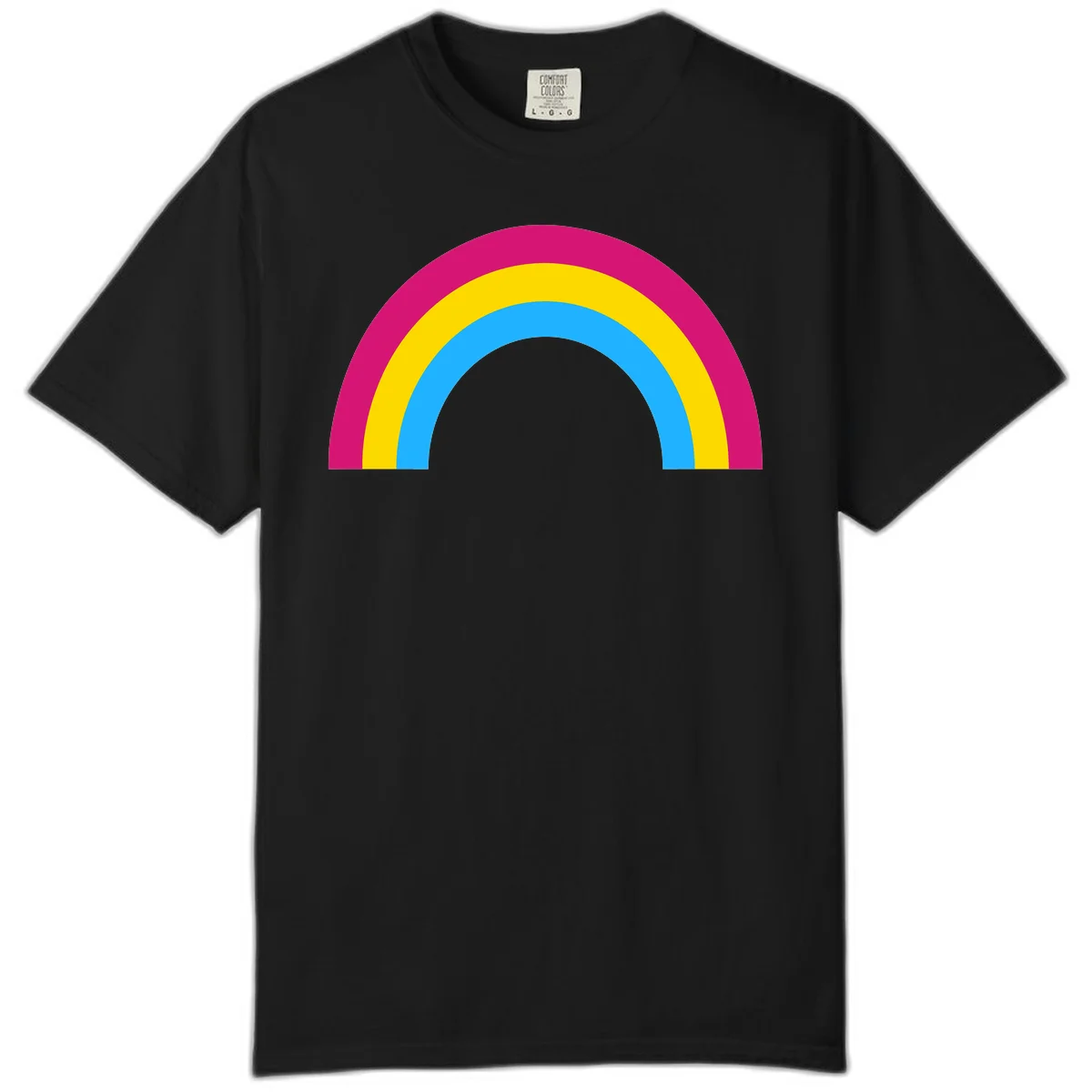 Rainbow concentric circles design with magenta, yellow, and cyan blue nested rings on gray background in Black