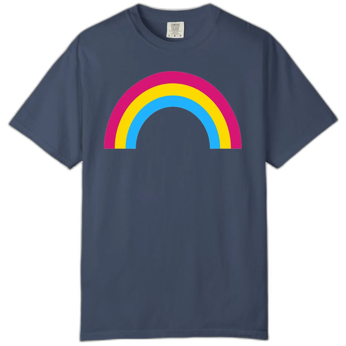Rainbow concentric circles design with magenta, yellow, and cyan blue nested rings on gray background in Midnight