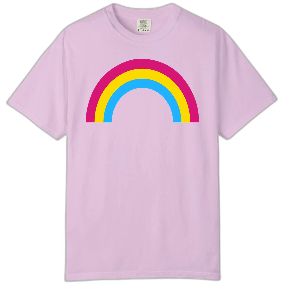 Rainbow concentric circles design with magenta, yellow, and cyan blue nested rings on gray background in Orchid