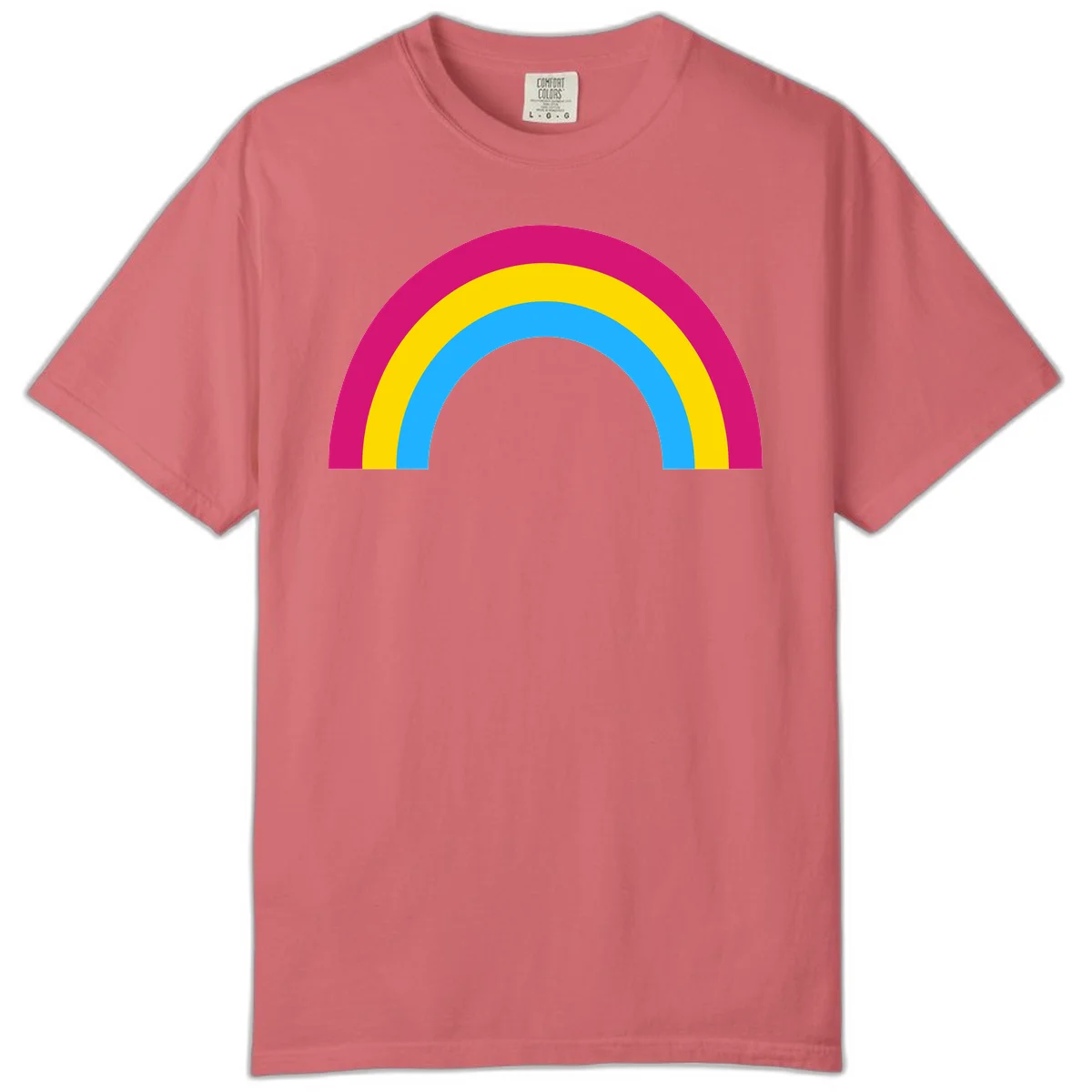 Rainbow concentric circles design with magenta, yellow, and cyan blue nested rings on gray background in Watermelon