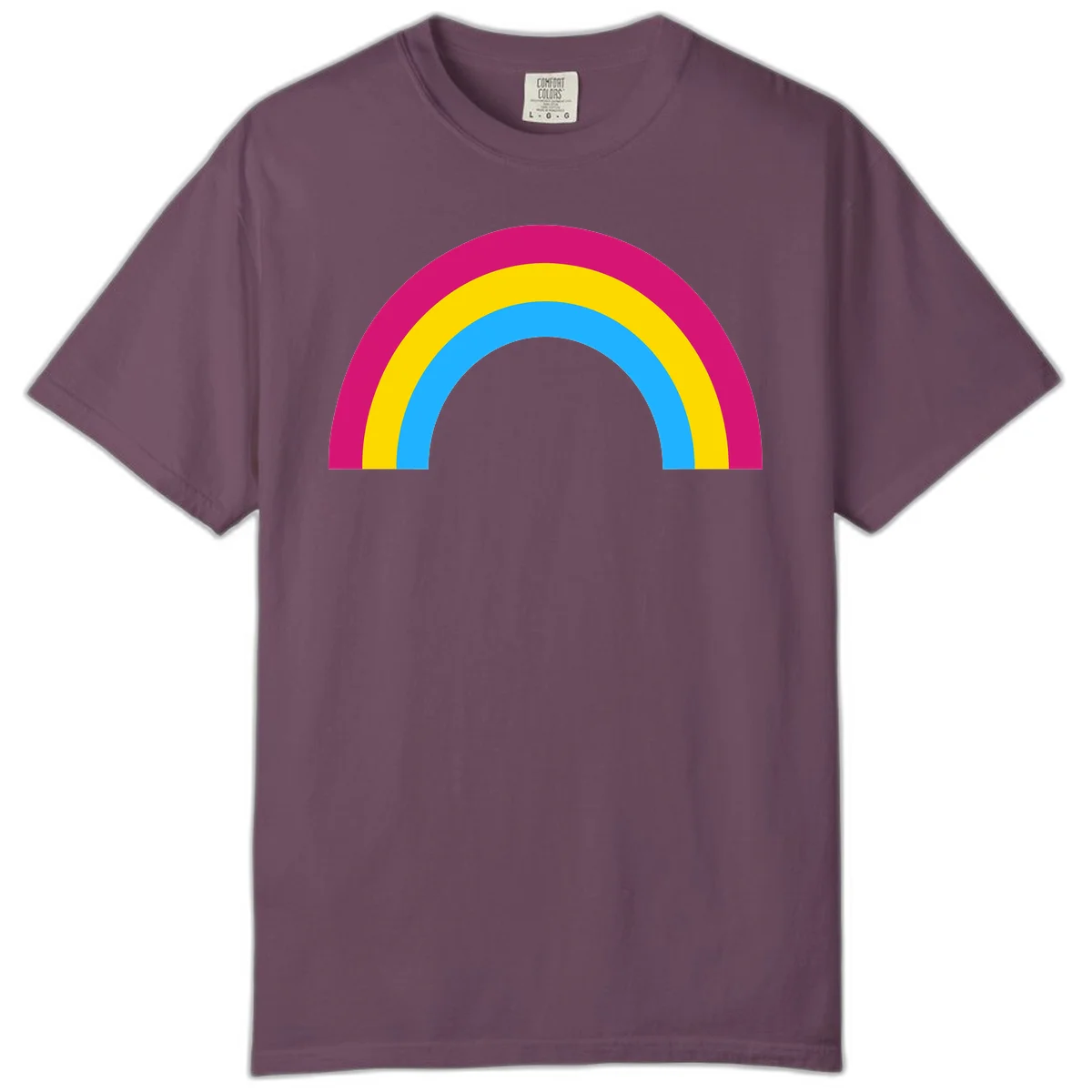 Rainbow concentric circles design with magenta, yellow, and cyan blue nested rings on gray background in Berry