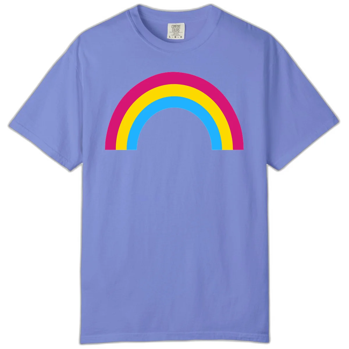 Rainbow concentric circles design with magenta, yellow, and cyan blue nested rings on gray background in Flo Blue