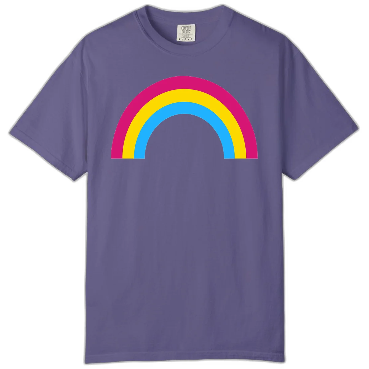 Rainbow concentric circles design with magenta, yellow, and cyan blue nested rings on gray background in Grape