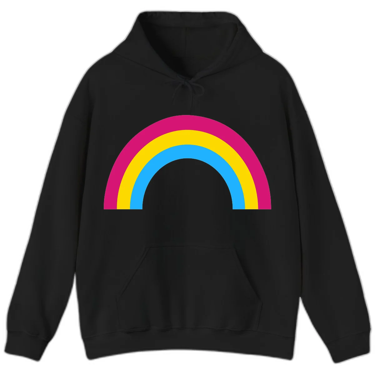 Rainbow concentric circles design with magenta, yellow, and cyan blue nested rings on gray background in Black