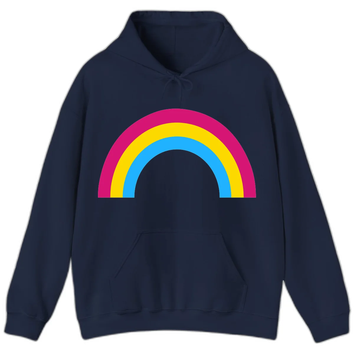 Rainbow concentric circles design with magenta, yellow, and cyan blue nested rings on gray background in Navy