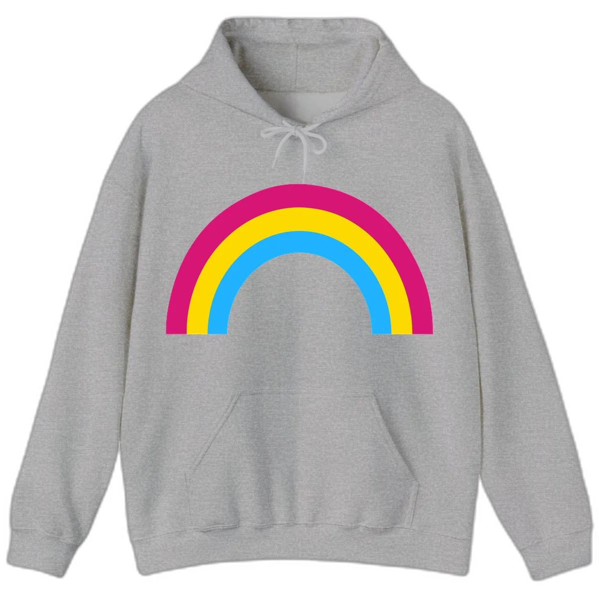Rainbow concentric circles design with magenta, yellow, and cyan blue nested rings on gray background in Sport Grey