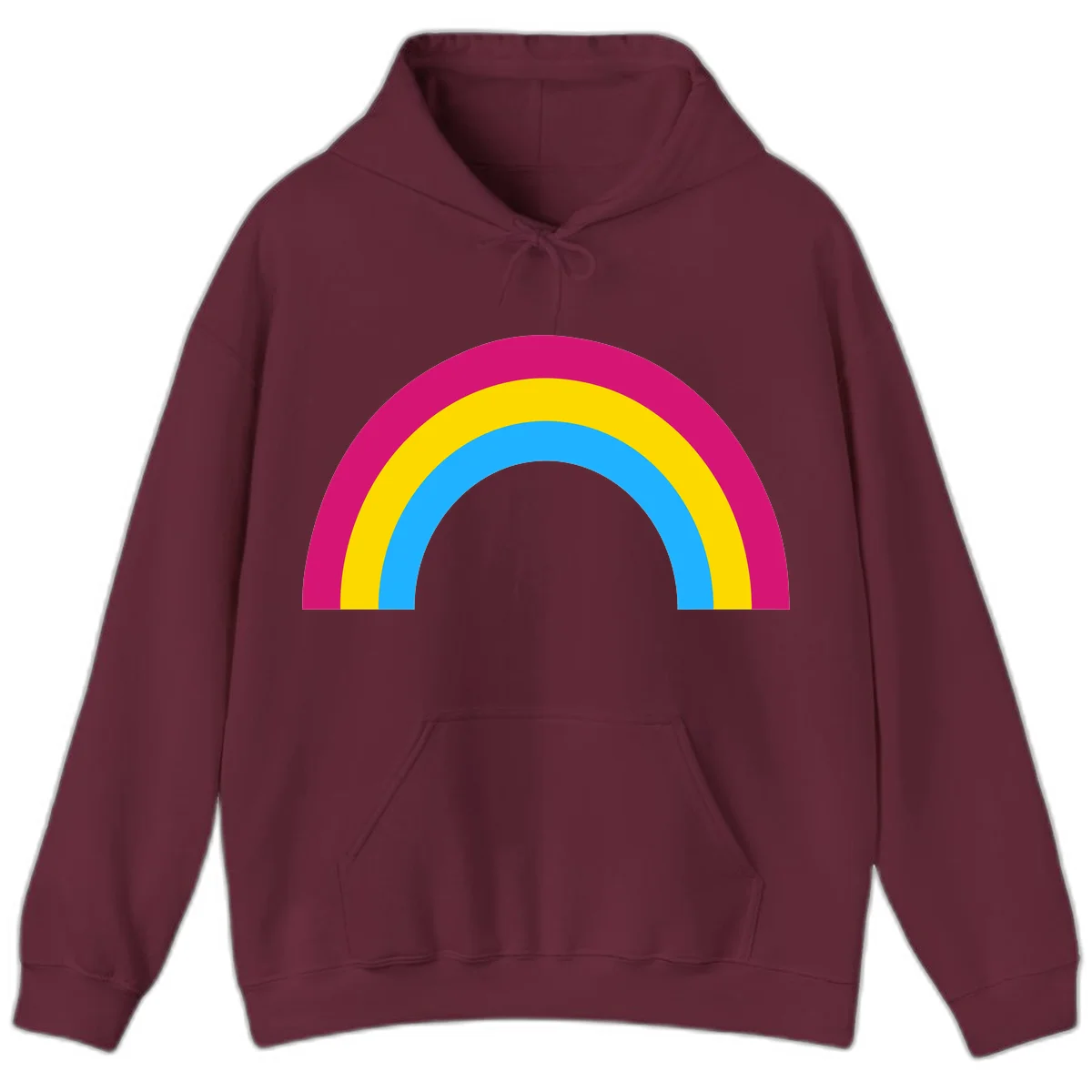 Rainbow concentric circles design with magenta, yellow, and cyan blue nested rings on gray background in Maroon