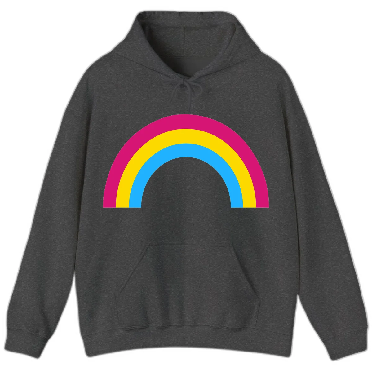 Rainbow concentric circles design with magenta, yellow, and cyan blue nested rings on gray background in Dark Heather