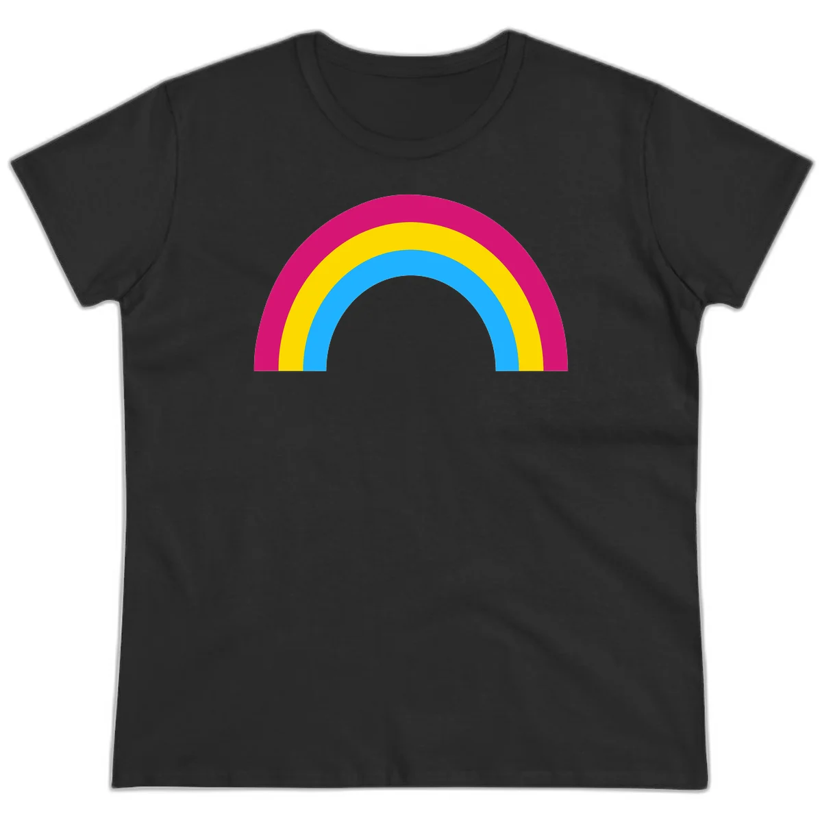 Rainbow concentric circles design with magenta, yellow, and cyan blue nested rings on gray background in Black