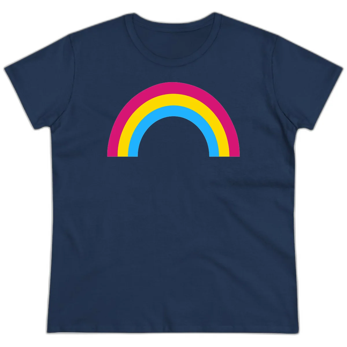 Rainbow concentric circles design with magenta, yellow, and cyan blue nested rings on gray background in Navy