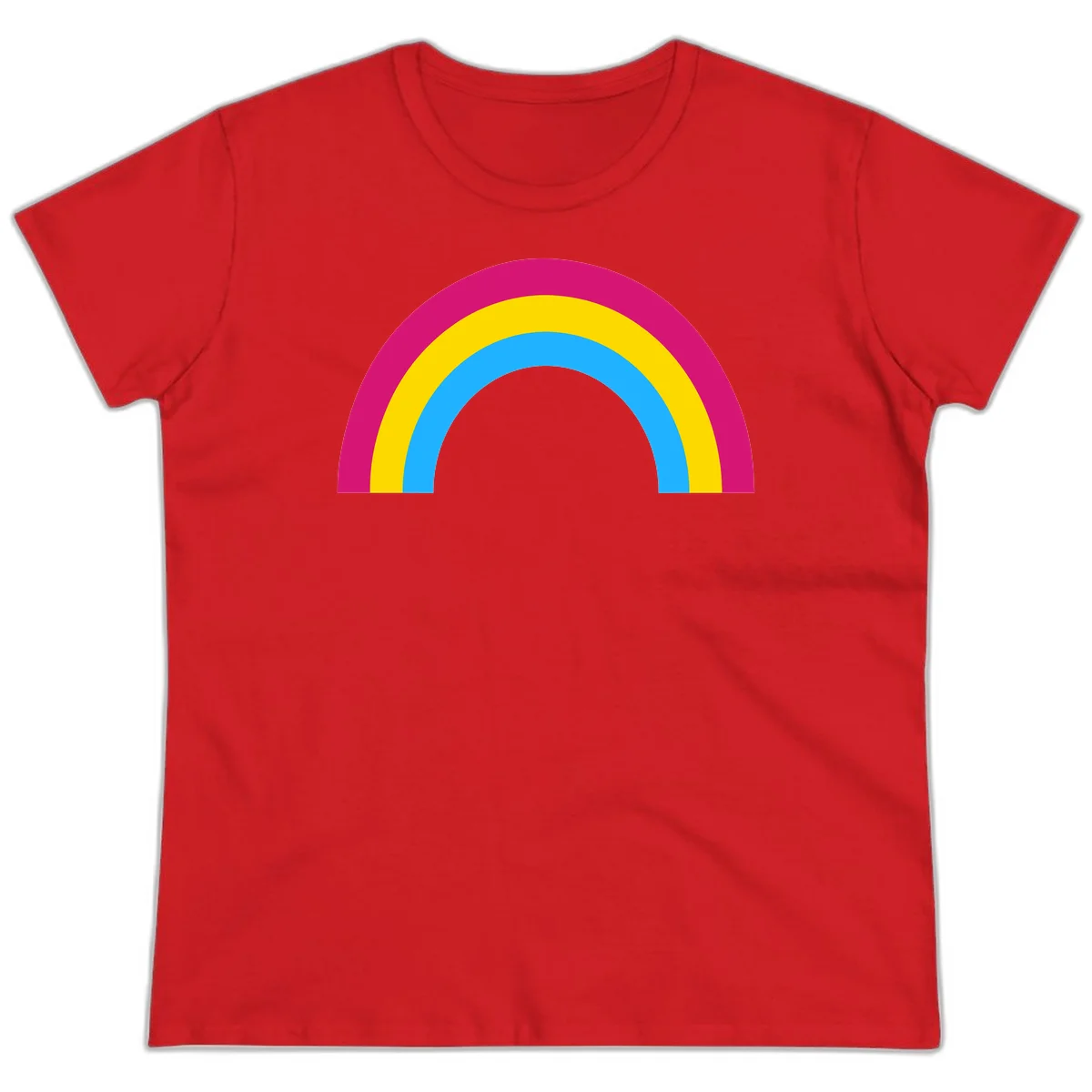 Rainbow concentric circles design with magenta, yellow, and cyan blue nested rings on gray background in Red