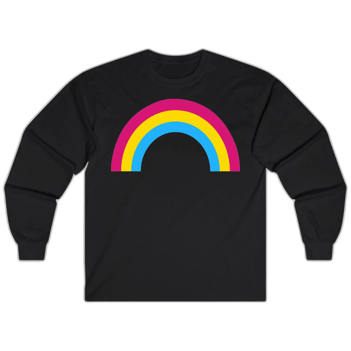 Rainbow concentric circles design with magenta, yellow, and cyan blue nested rings on gray background in Black