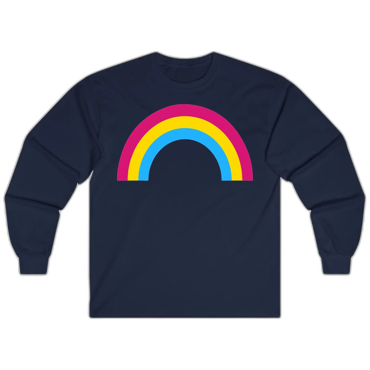 Rainbow concentric circles design with magenta, yellow, and cyan blue nested rings on gray background in Navy