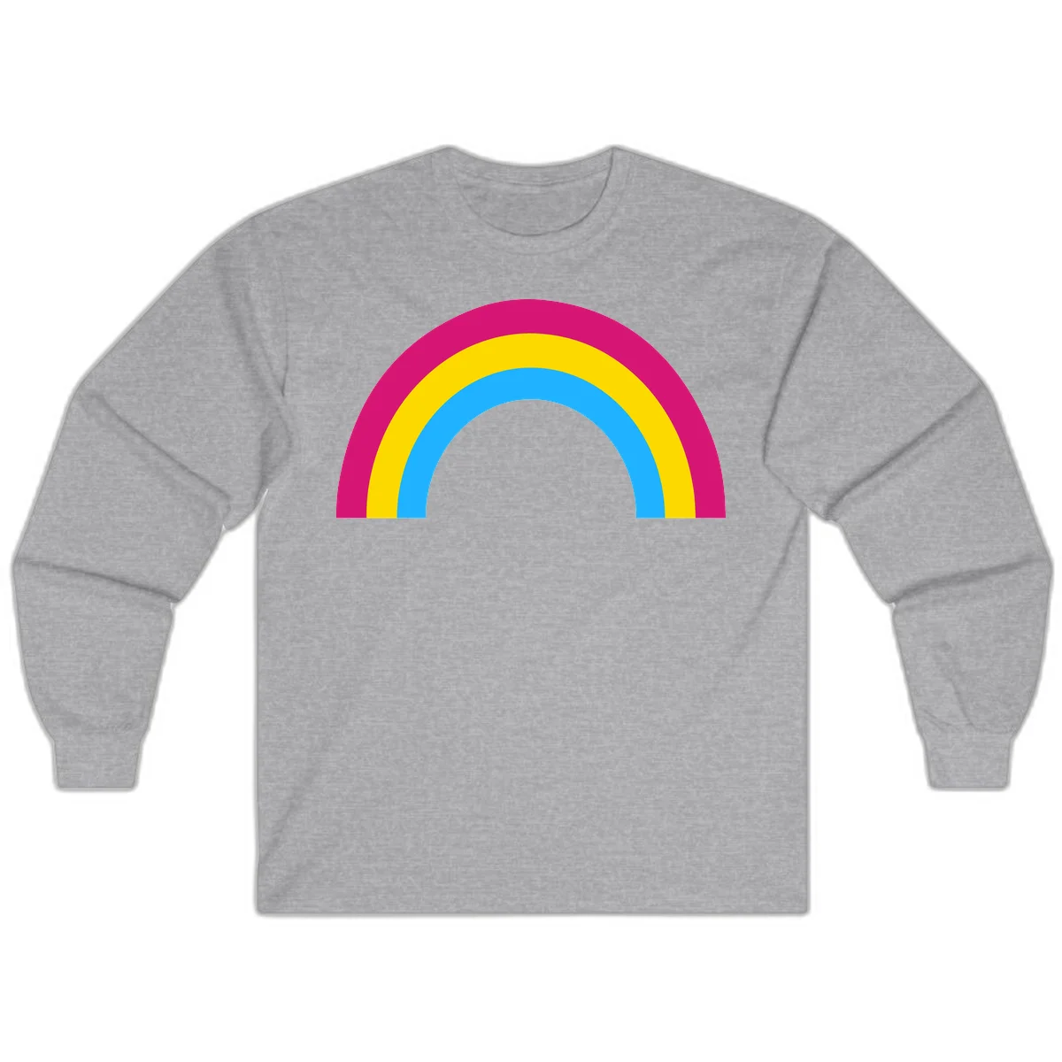 Rainbow concentric circles design with magenta, yellow, and cyan blue nested rings on gray background in Sport Grey