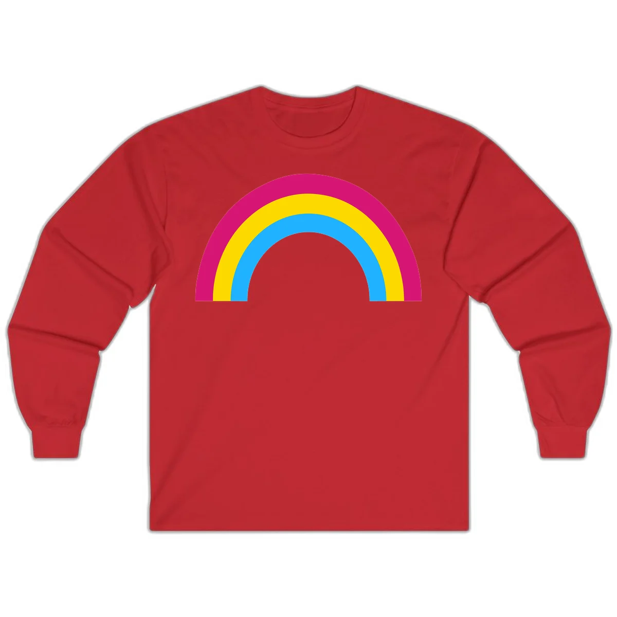 Rainbow concentric circles design with magenta, yellow, and cyan blue nested rings on gray background in Red