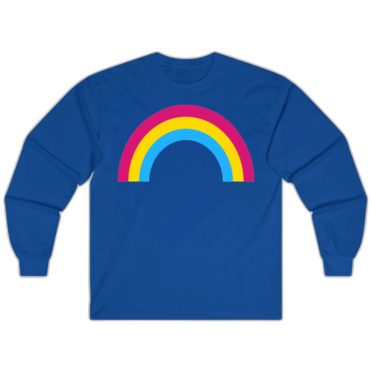 Rainbow concentric circles design with magenta, yellow, and cyan blue nested rings on gray background in Royal