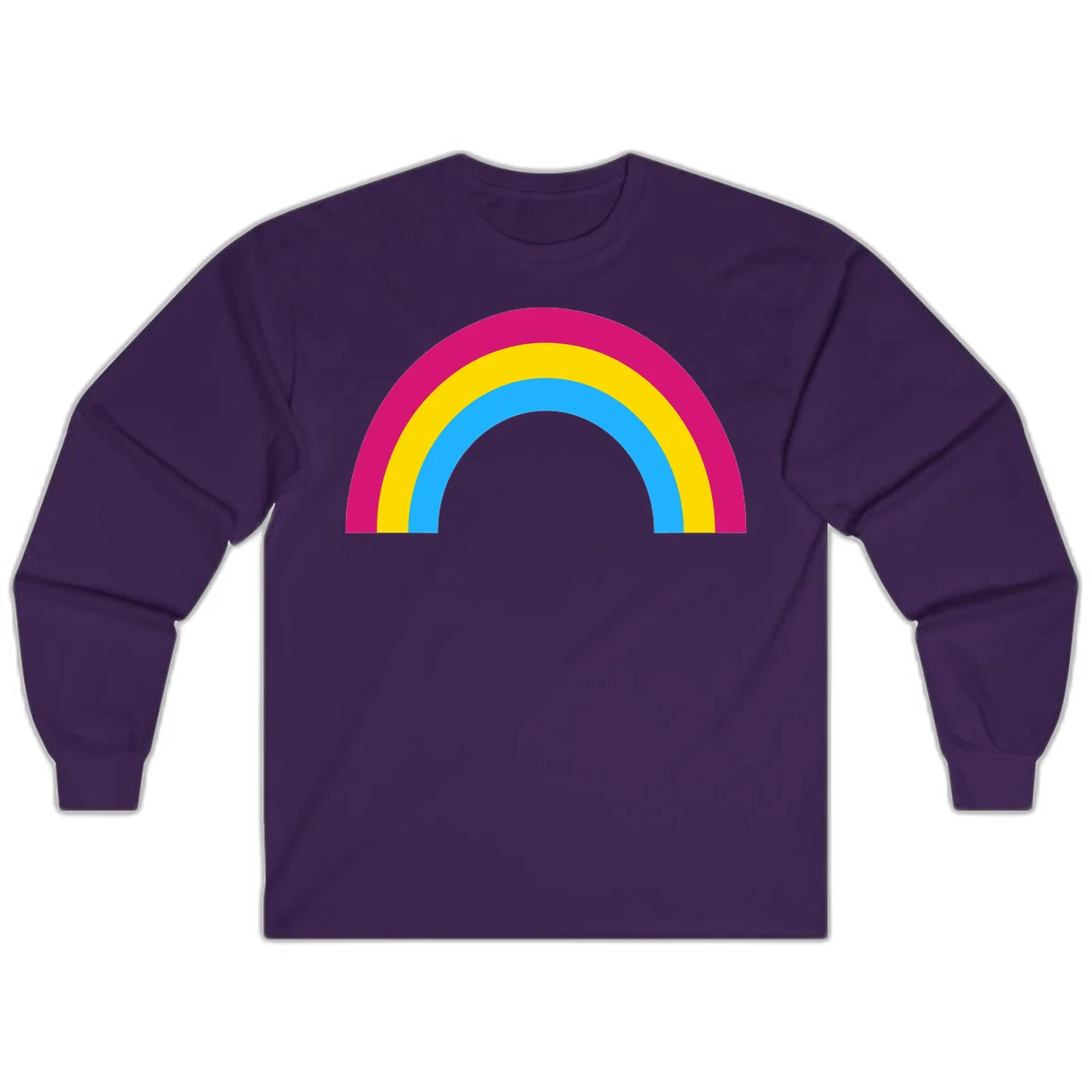 Rainbow concentric circles design with magenta, yellow, and cyan blue nested rings on gray background in Purple