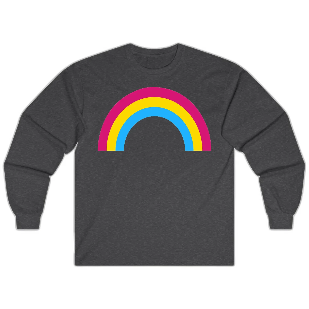 Rainbow concentric circles design with magenta, yellow, and cyan blue nested rings on gray background in Dark Heather