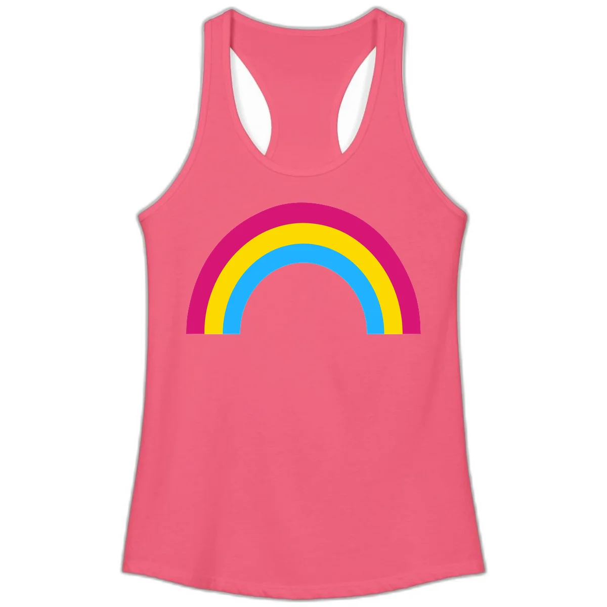 Rainbow concentric circles design with magenta, yellow, and cyan blue nested rings on gray background in Hot Pink