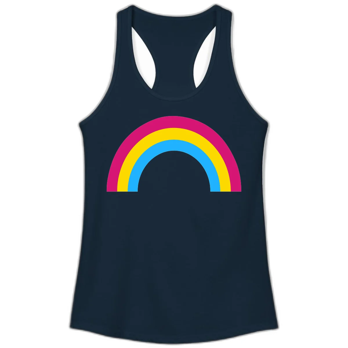 Rainbow concentric circles design with magenta, yellow, and cyan blue nested rings on gray background in Solid Midnight Navy