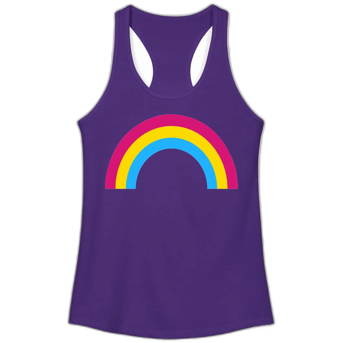 Rainbow concentric circles design with magenta, yellow, and cyan blue nested rings on gray background in Solid Purple Rush