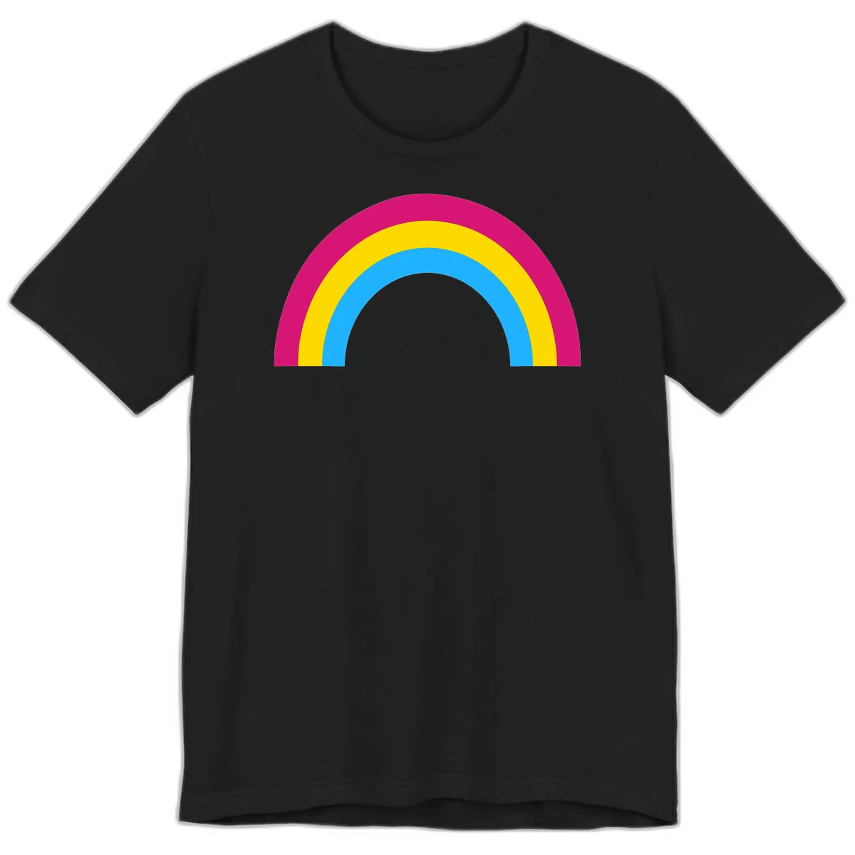 Rainbow concentric circles design with magenta, yellow, and cyan blue nested rings on gray background in Black