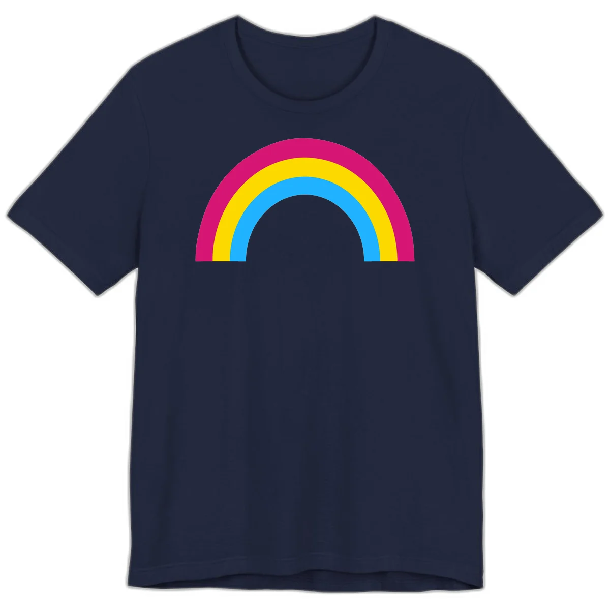 Rainbow concentric circles design with magenta, yellow, and cyan blue nested rings on gray background in Navy