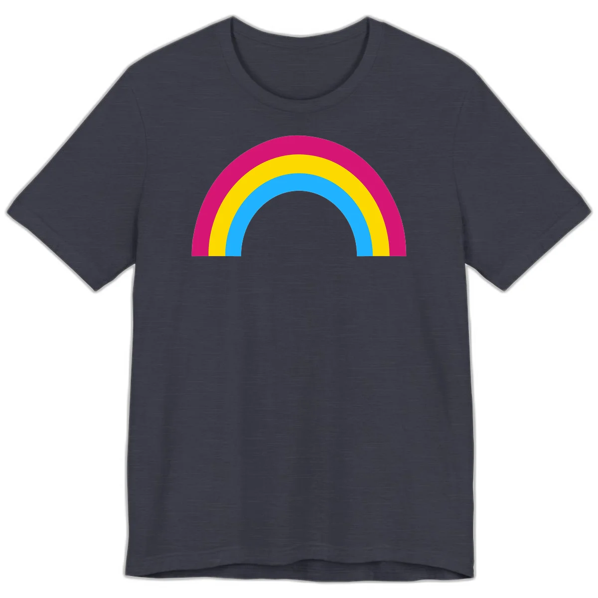 Rainbow concentric circles design with magenta, yellow, and cyan blue nested rings on gray background in Heather Midnight Navy