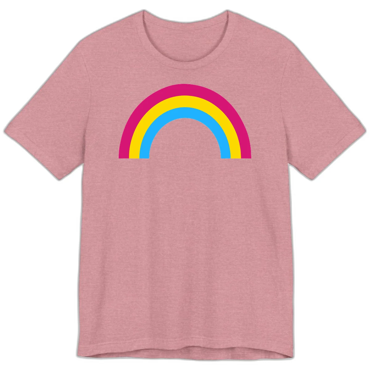 Rainbow concentric circles design with magenta, yellow, and cyan blue nested rings on gray background in Heather Orchid