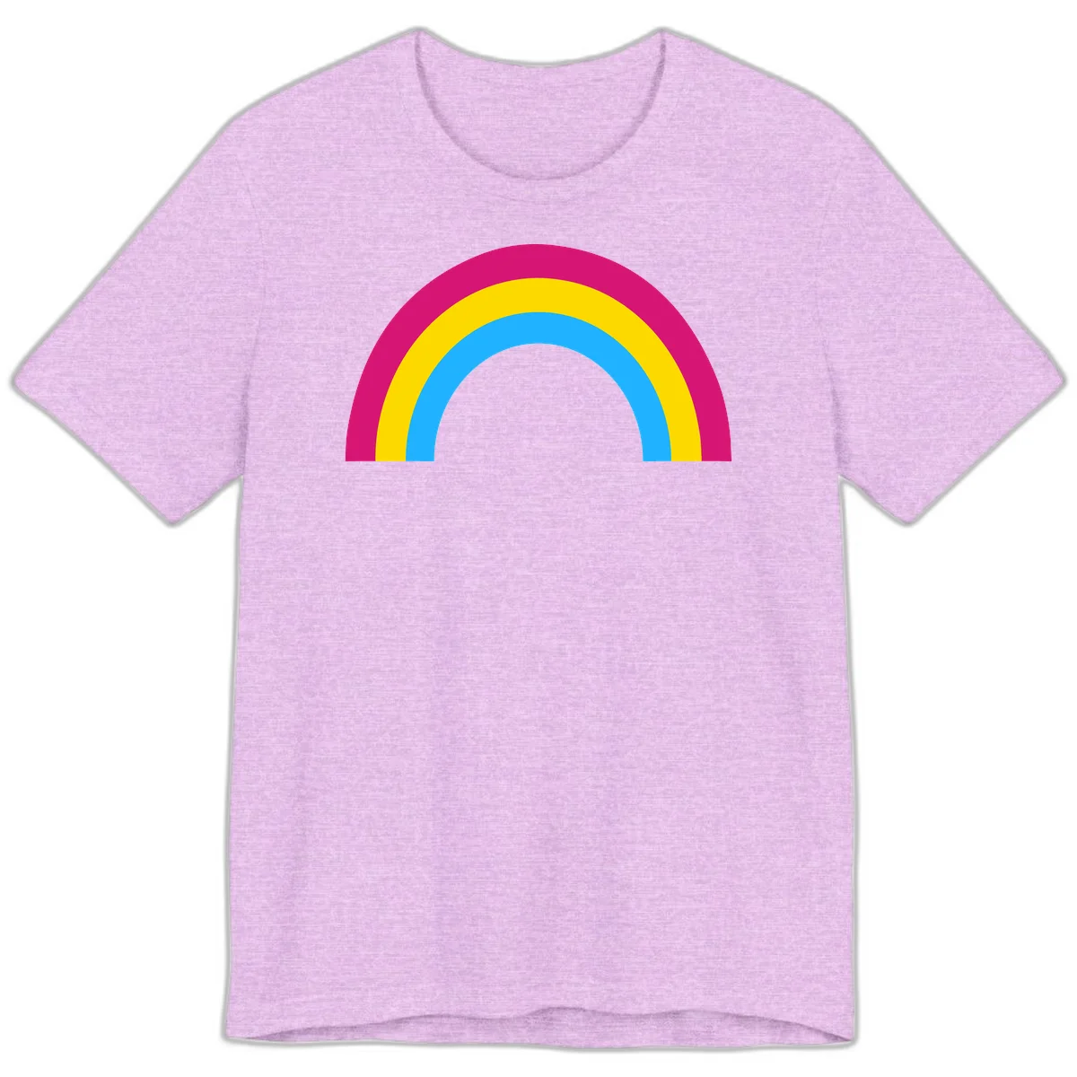 Rainbow concentric circles design with magenta, yellow, and cyan blue nested rings on gray background in Heather Prism Lilac
