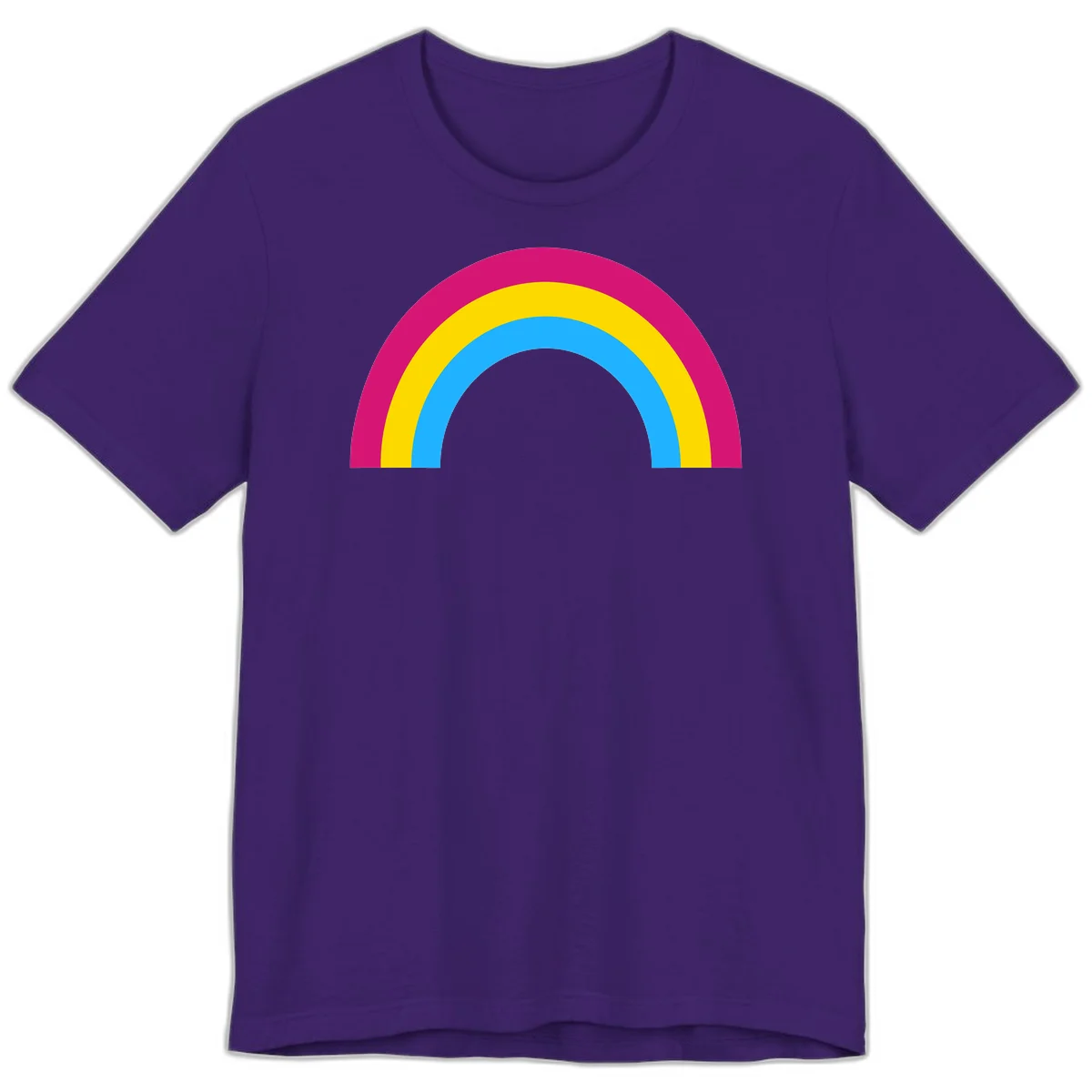 Rainbow concentric circles design with magenta, yellow, and cyan blue nested rings on gray background in Team Purple