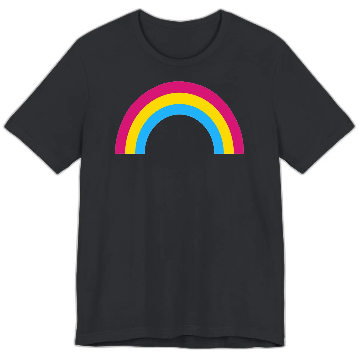 Rainbow concentric circles design with magenta, yellow, and cyan blue nested rings on gray background in Vintage Black
