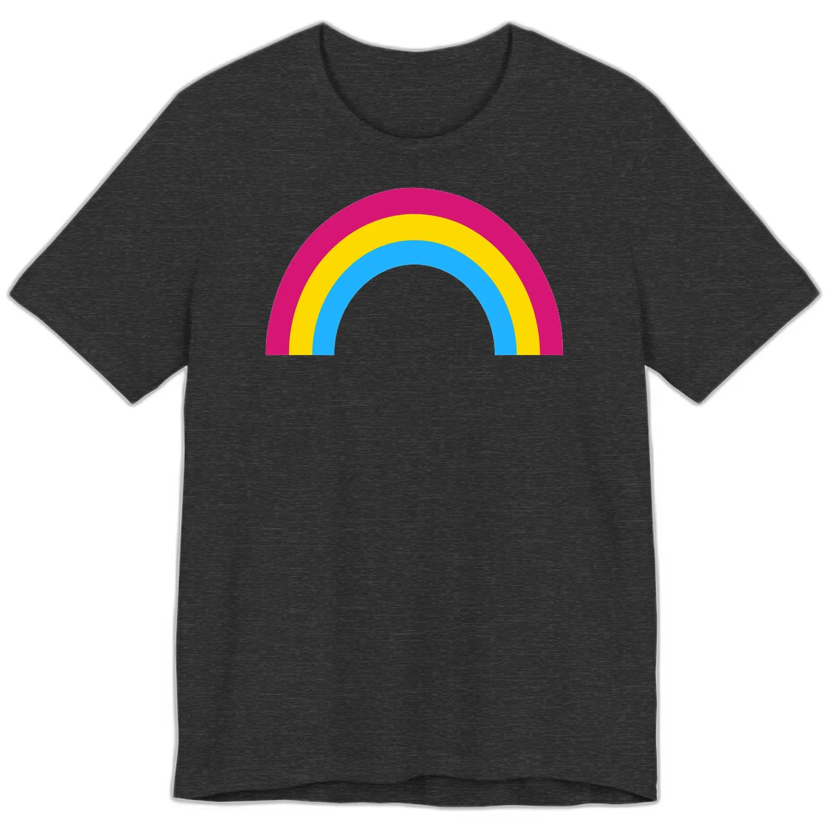 Rainbow concentric circles design with magenta, yellow, and cyan blue nested rings on gray background in Dark Grey Heather