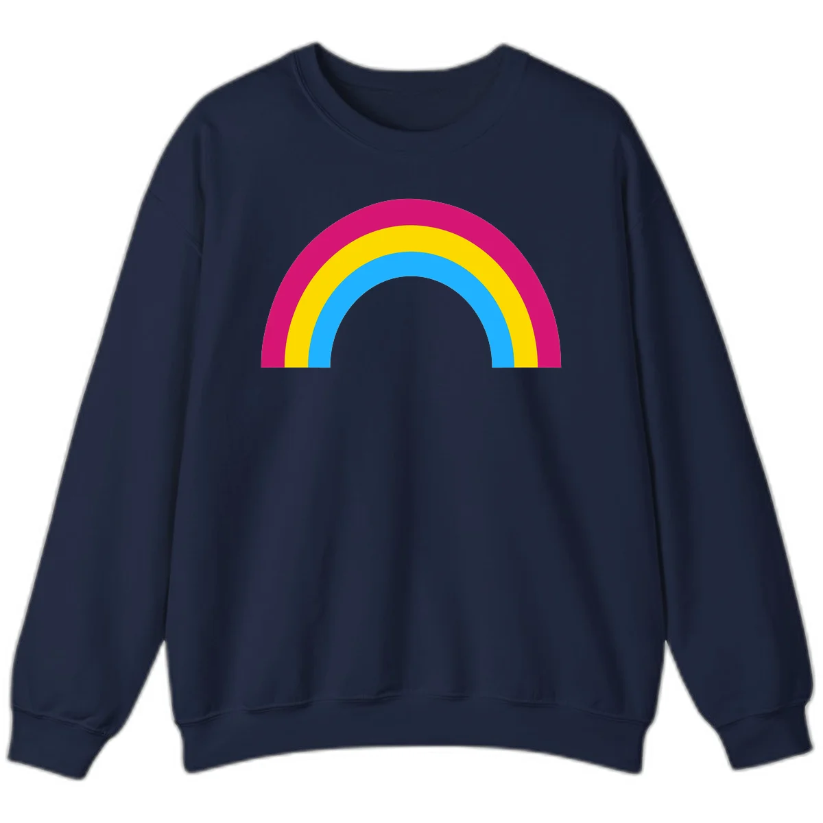 Rainbow concentric circles design with magenta, yellow, and cyan blue nested rings on gray background in Navy