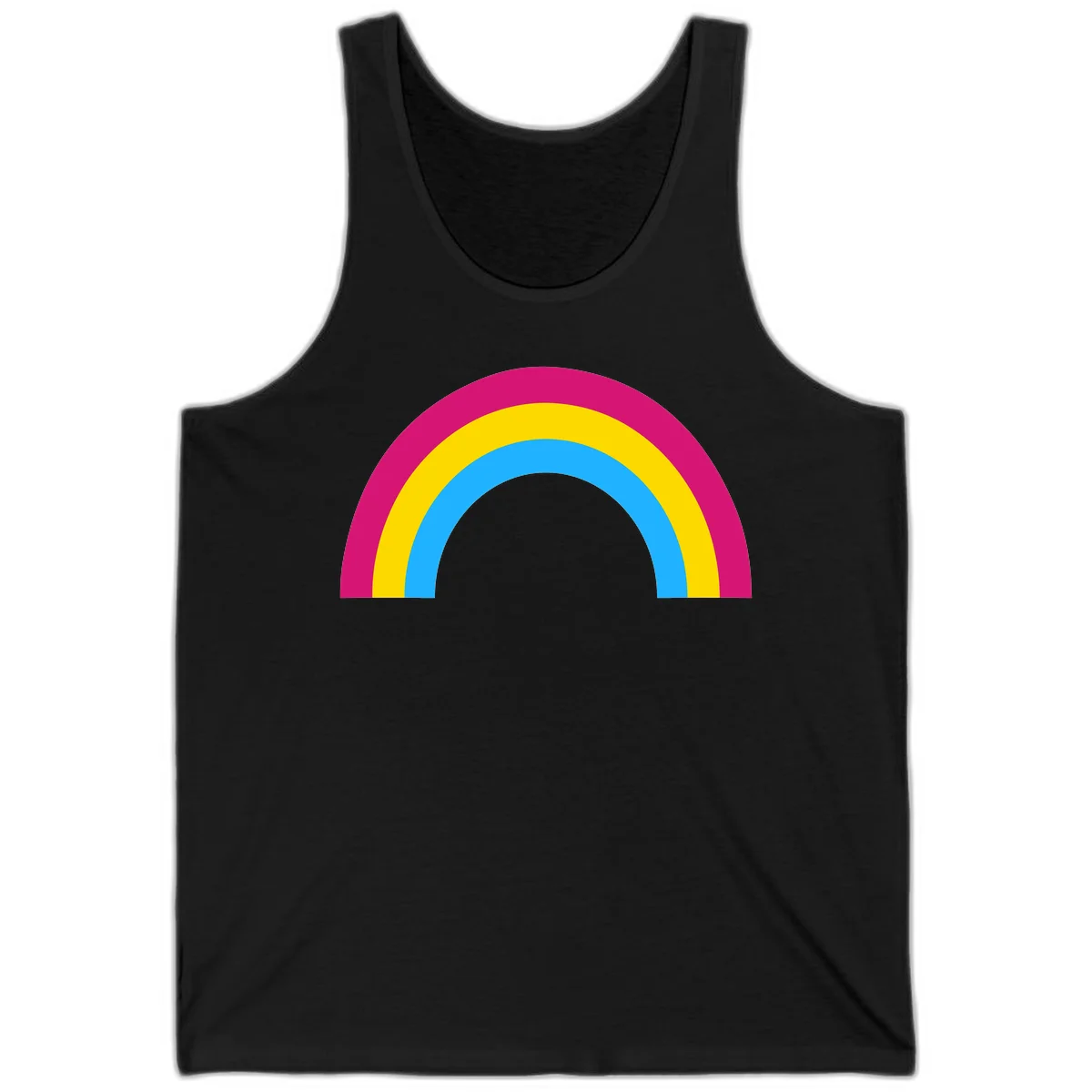 Rainbow concentric circles design with magenta, yellow, and cyan blue nested rings on gray background in Black