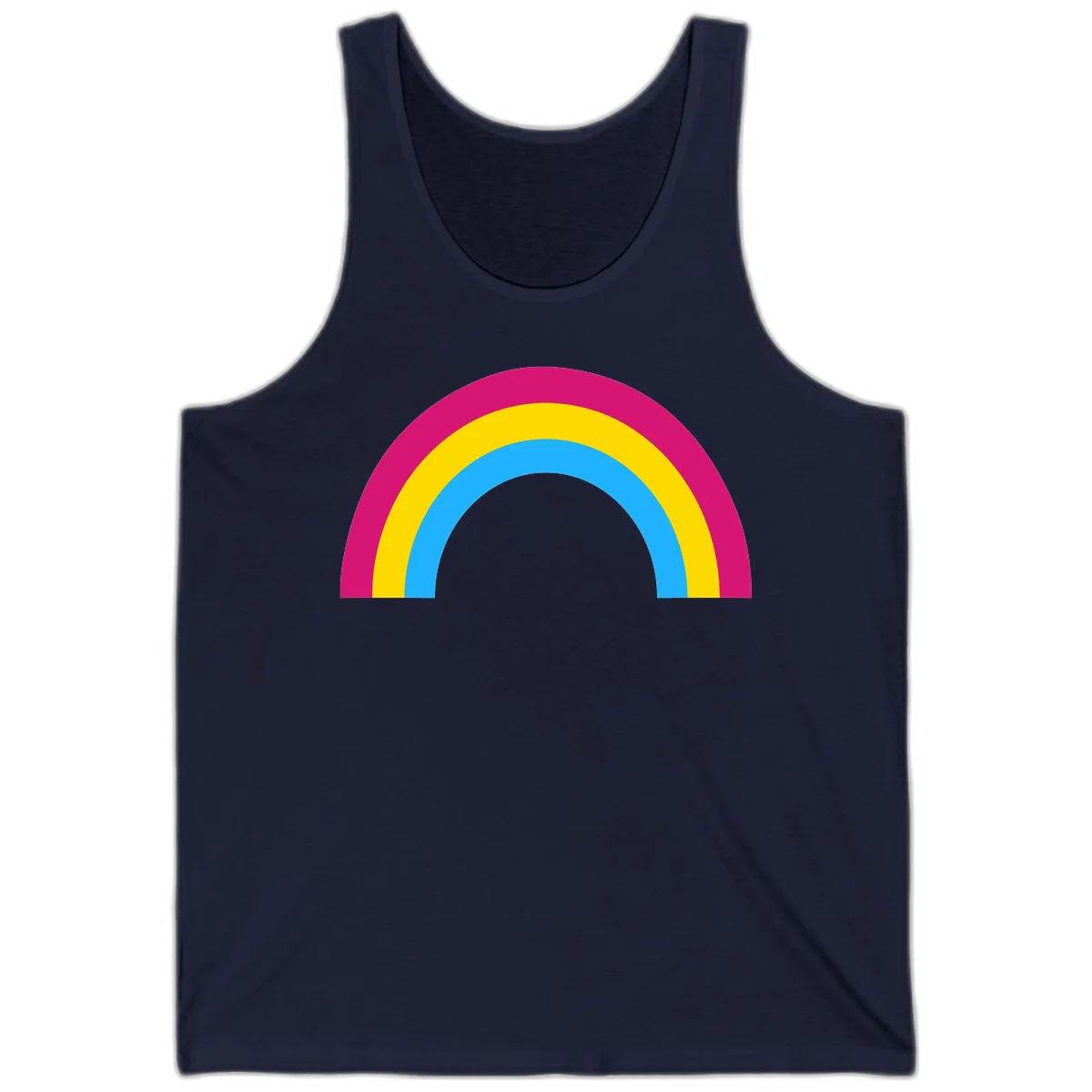 Rainbow concentric circles design with magenta, yellow, and cyan blue nested rings on gray background in Navy