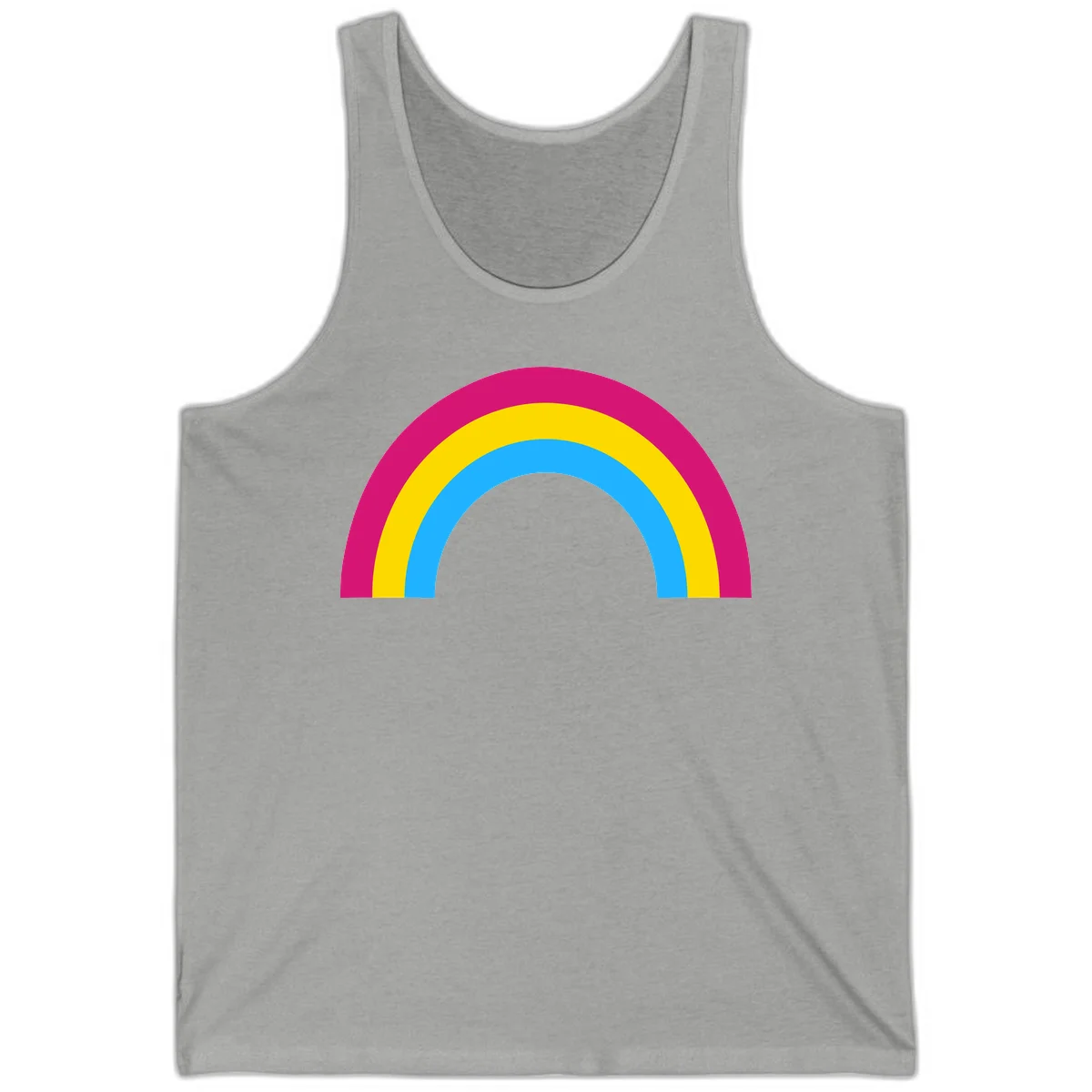Rainbow concentric circles design with magenta, yellow, and cyan blue nested rings on gray background in Athletic Heather