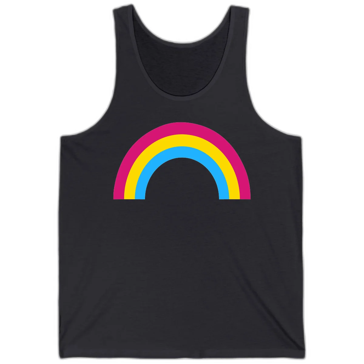 Rainbow concentric circles design with magenta, yellow, and cyan blue nested rings on gray background in Dark Grey