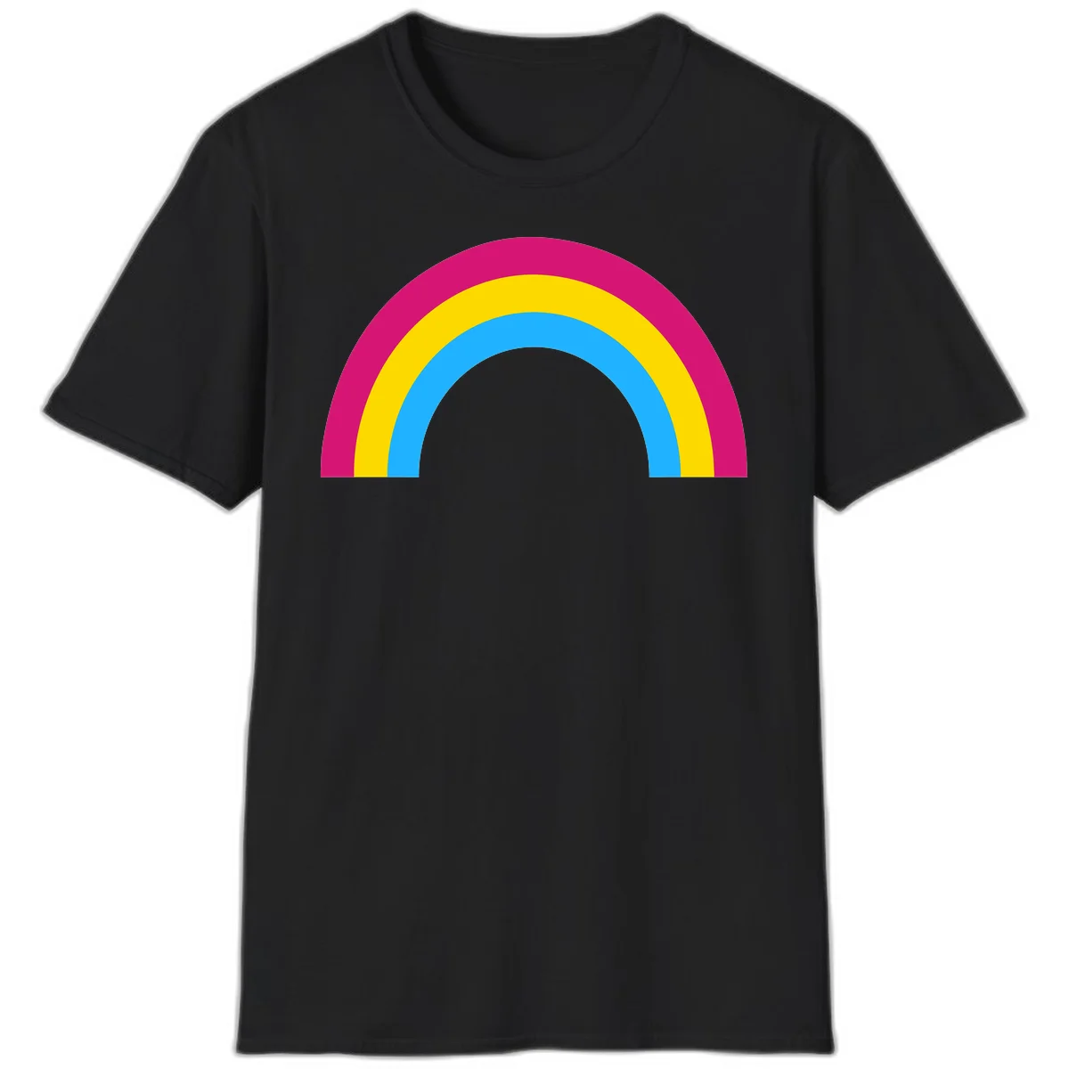 Rainbow concentric circles design with magenta, yellow, and cyan blue nested rings on gray background in Black